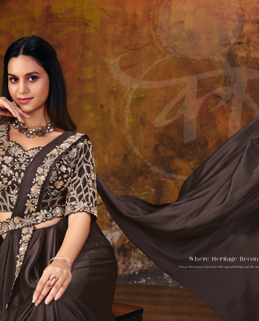 27114 - Deep Brown Embroidered Wedding Party Designer Saree